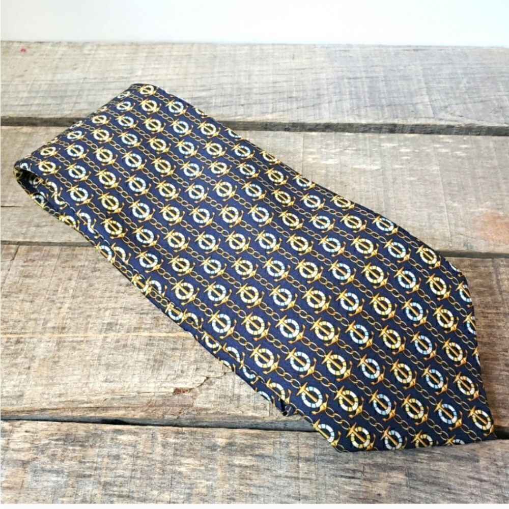 BEAUFORT TIE RACK Silk Nautical Print Neck Tie Anchors Life Ring Buoy